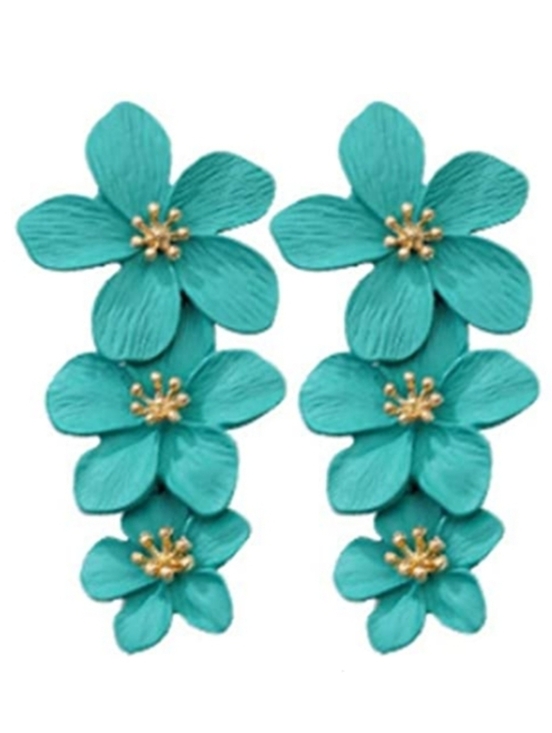 Boutique Jewelry - Big Aqua Blue Turquoise Triple Flower Blossom Earrings 3D Large Floral 3 Flowers